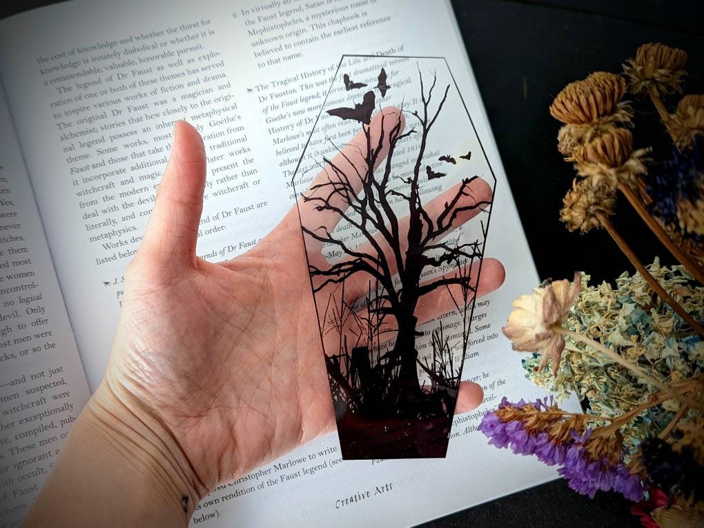 Clear Bookmark Bats Dead Tree Coffin Goth Gothic Halloween Horror Creepy Oddities