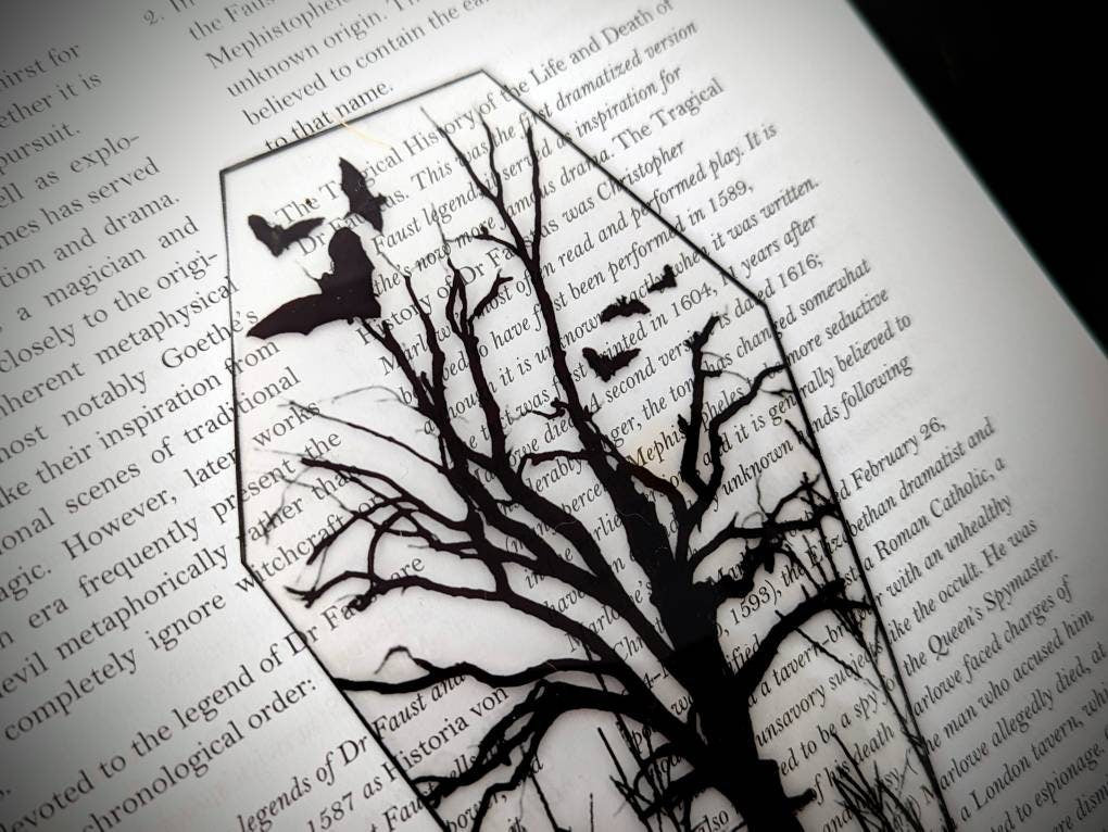 Clear Bookmark Bats Dead Tree Coffin Goth Gothic Halloween Horror Creepy Oddities