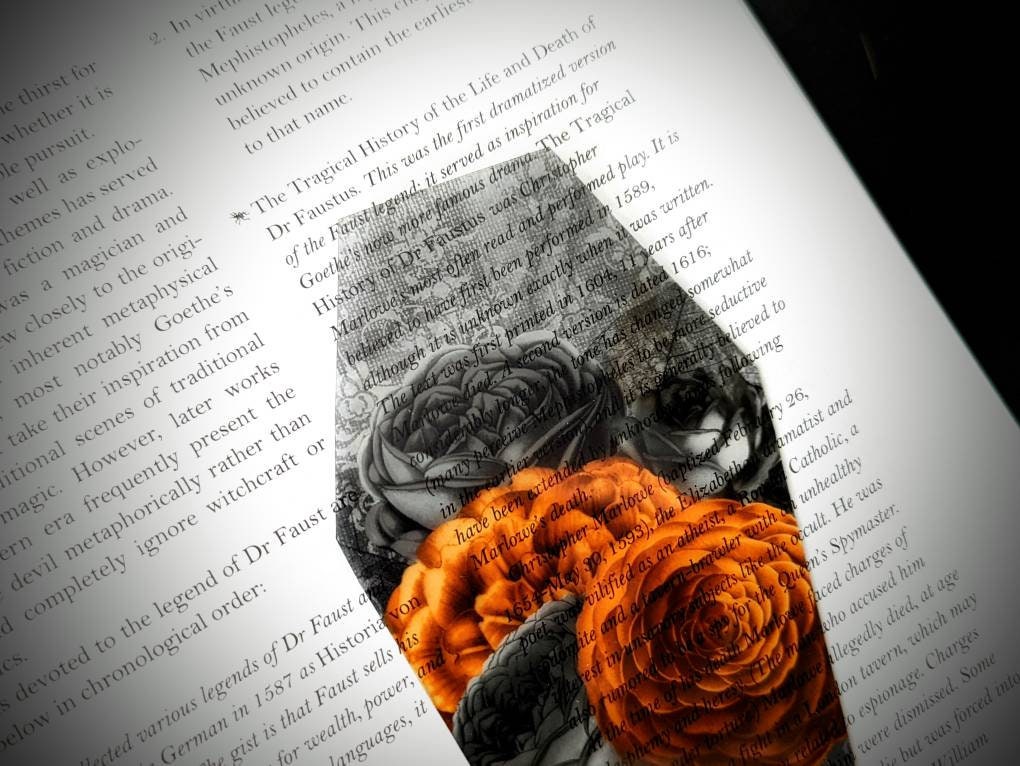 Clear Bookmark Orange and Black Floral Flowers Bouquet Coffin Goth Gothic Halloween Horror Creepy Oddities