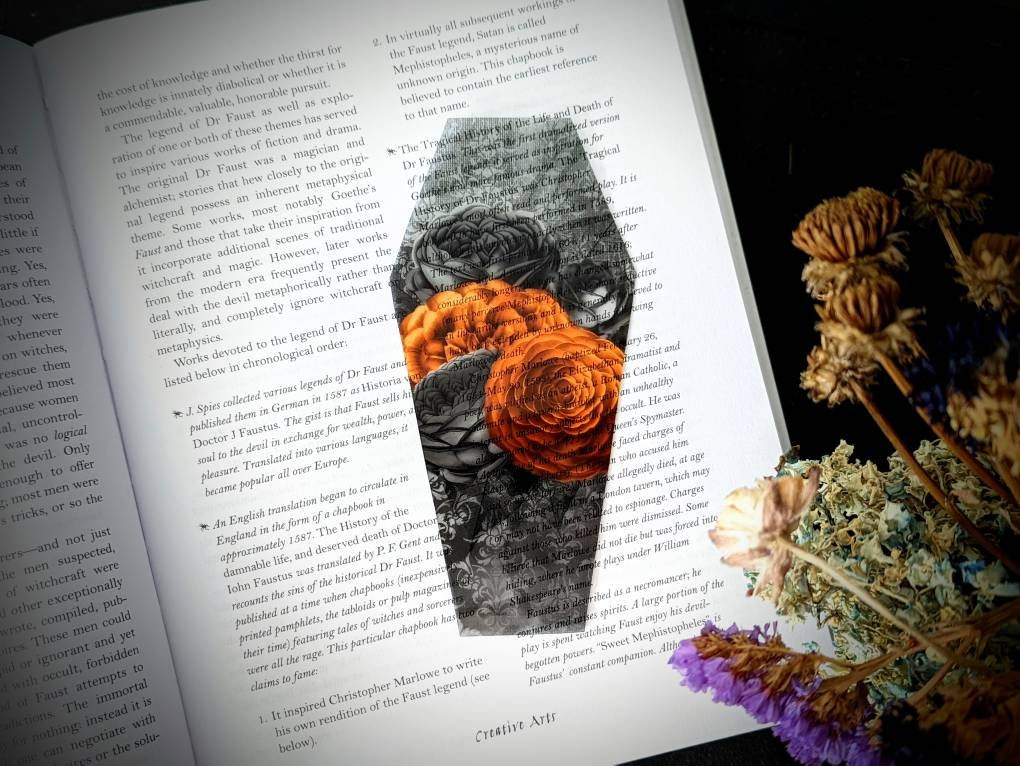 Clear Bookmark Orange and Black Floral Flowers Bouquet Coffin Goth Gothic Halloween Horror Creepy Oddities