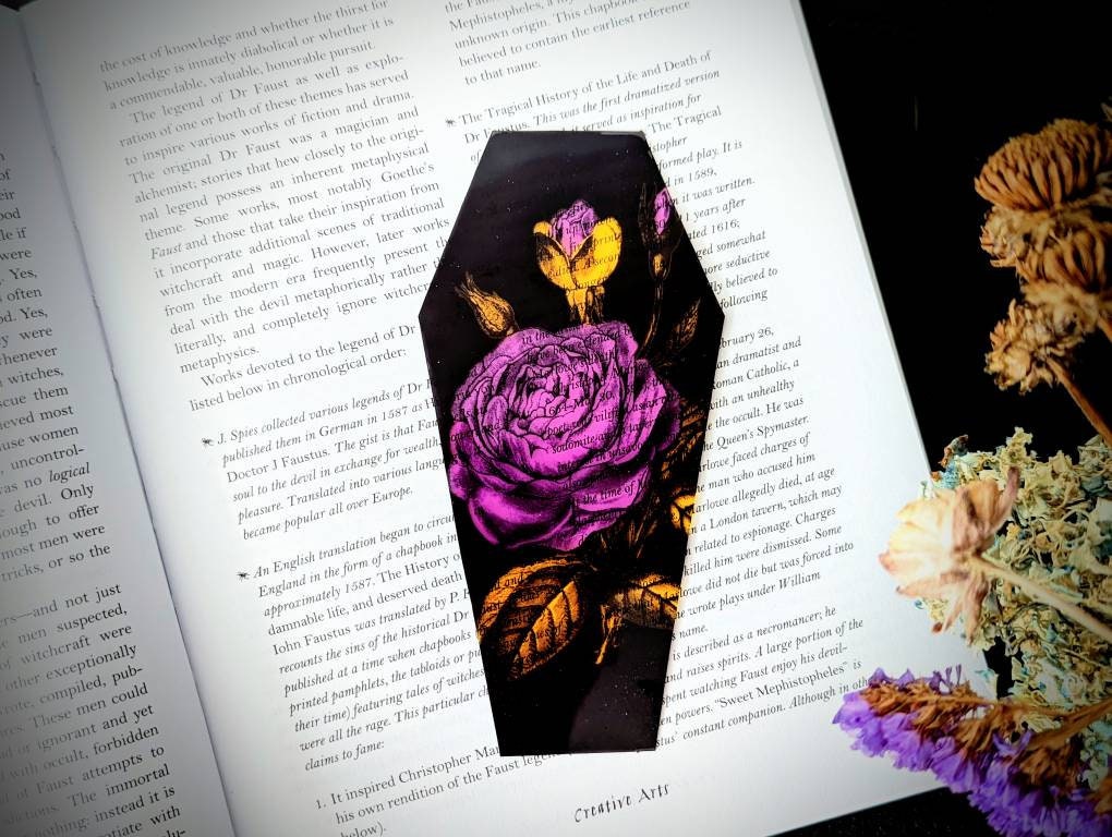 Clear Bookmark Purple and Yellow Floral Flowers Bouquet Coffin Goth Gothic Halloween Horror Creepy Oddities
