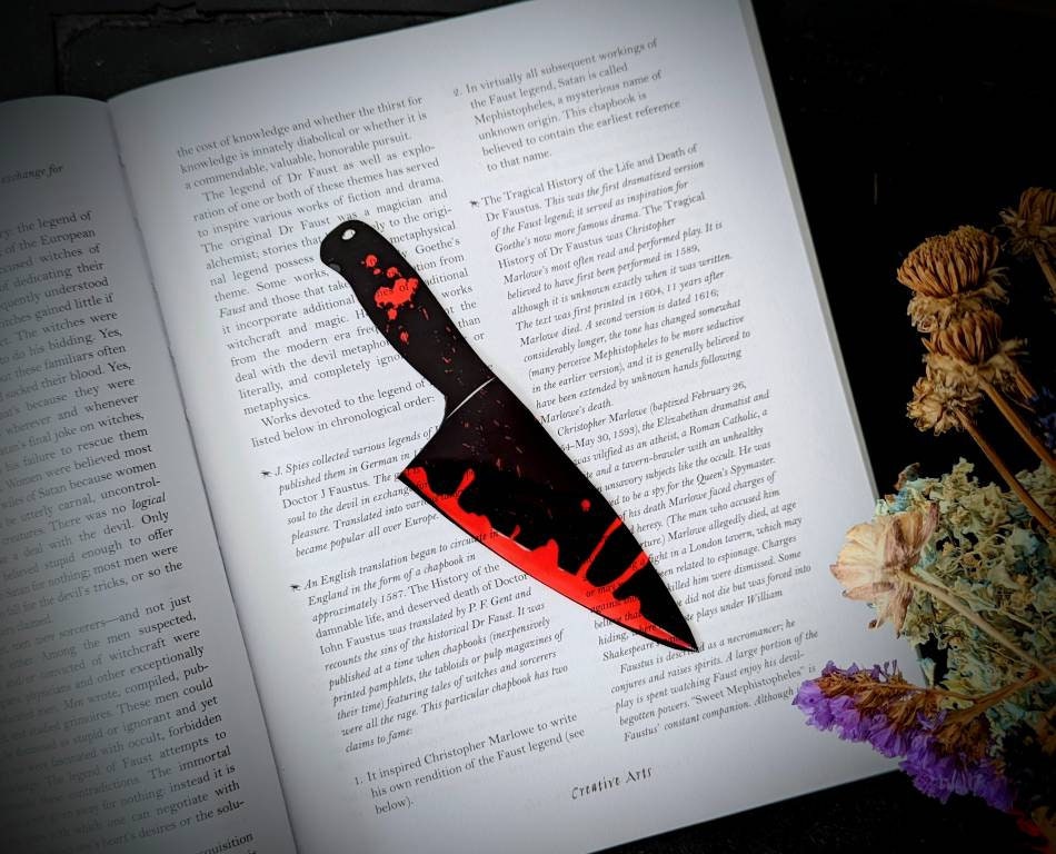 Clear Bookmark Bloody Kitchen Knife True Crime Killer Blood Splatter Goth Gothic Halloween Horror Creepy Oddities Handmade Artist