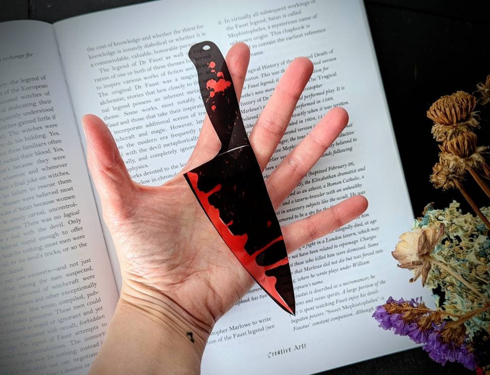 Clear Bookmark Bloody Kitchen Knife True Crime Killer Blood Splatter Goth Gothic Halloween Horror Creepy Oddities Handmade Artist