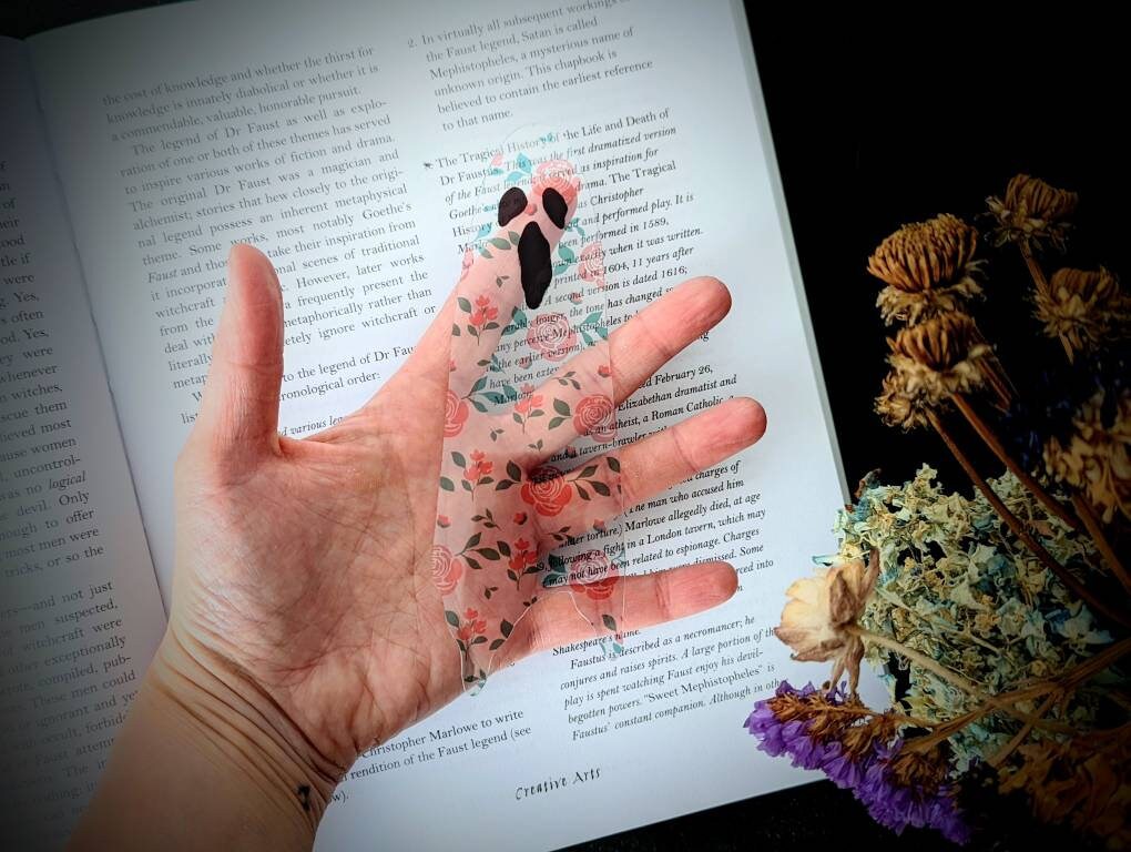 Clear Bookmark Ghost Floral Sheet Ghoul Haunted Goth Gothic Halloween Horror Creepy Oddities Unique Dark Weird