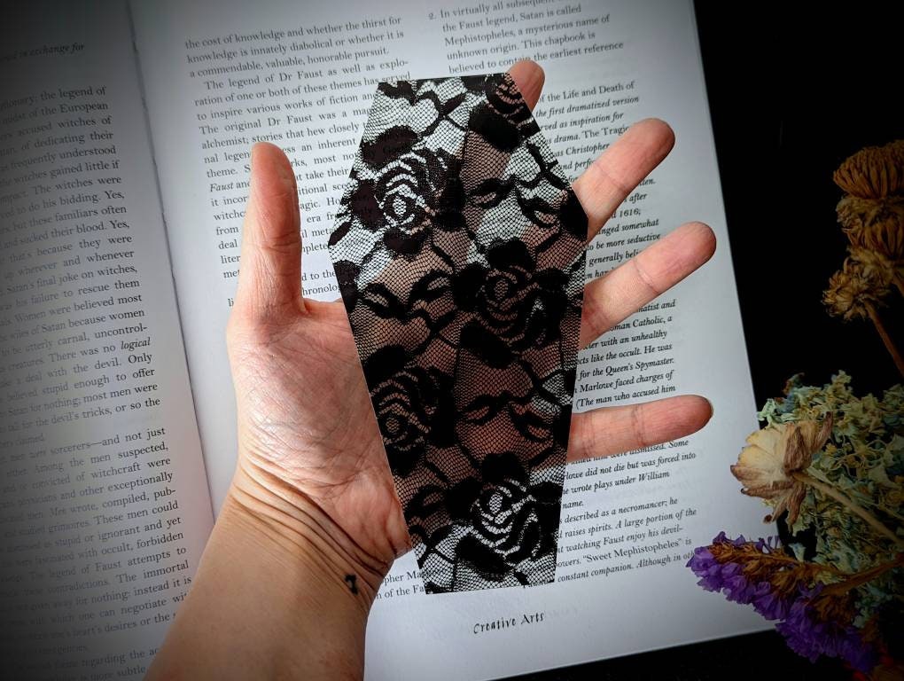 Clear Bookmark Black Floral Lace Coffin Goth Gothic Halloween Horror Dark Academia Creepy Oddities Handmade Artist Book Reader Lover Gift