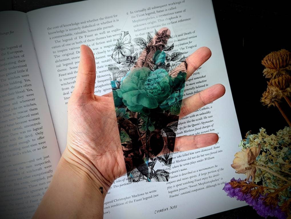 Clear Bookmark Teal Floral Flowers Bouquet Coffin Goth Gothic Halloween Horror Creepy Dark Academia Baroque Victorian Book Reader Lover Gift