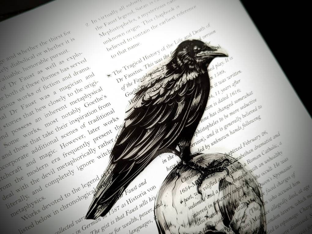 Clear Bookmark Raven Crow Corvus Human Skull Goth Gothic Halloween Horror Dark Academia Handmade Artist Book Reader Lover Gift