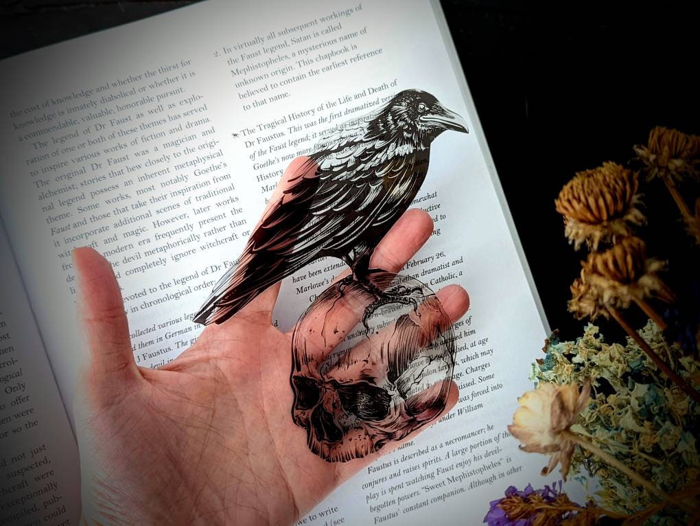 Clear Bookmark Raven Crow Corvus Human Skull Goth Gothic Halloween Horror Dark Academia Handmade Artist Book Reader Lover Gift