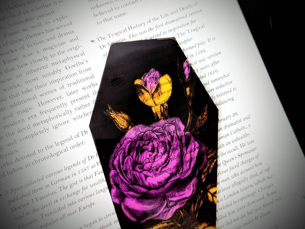Clear Bookmark Purple and Yellow Floral Flowers Bouquet Coffin Goth Gothic Halloween Horror Creepy Oddities