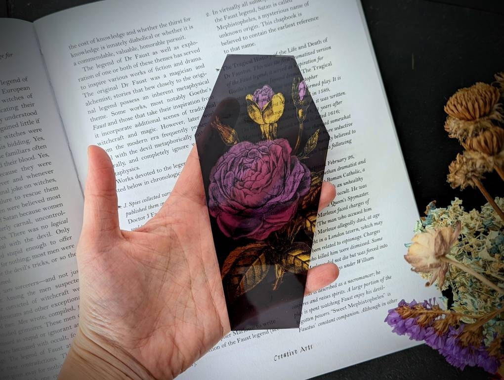 Clear Bookmark Purple and Yellow Floral Flowers Bouquet Coffin Goth Gothic Halloween Horror Creepy Oddities