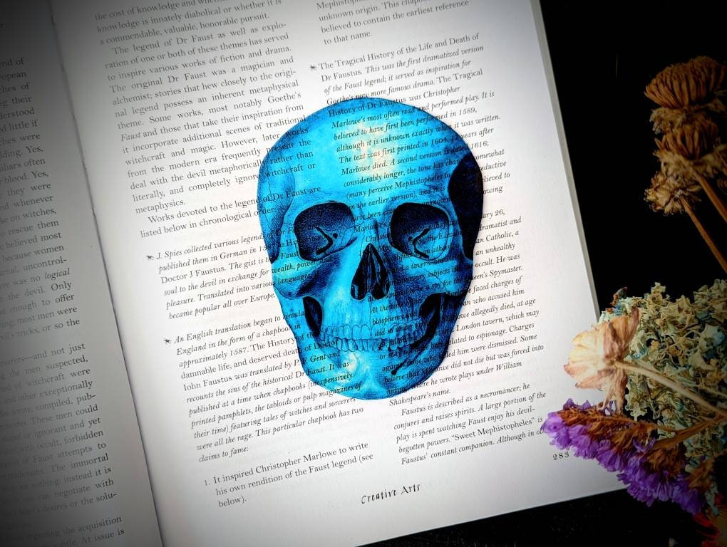 Clear Bookmark Blue Skull Skeleton Goth Gothic Halloween Horror Creepy Spooky Anatomy Oddities