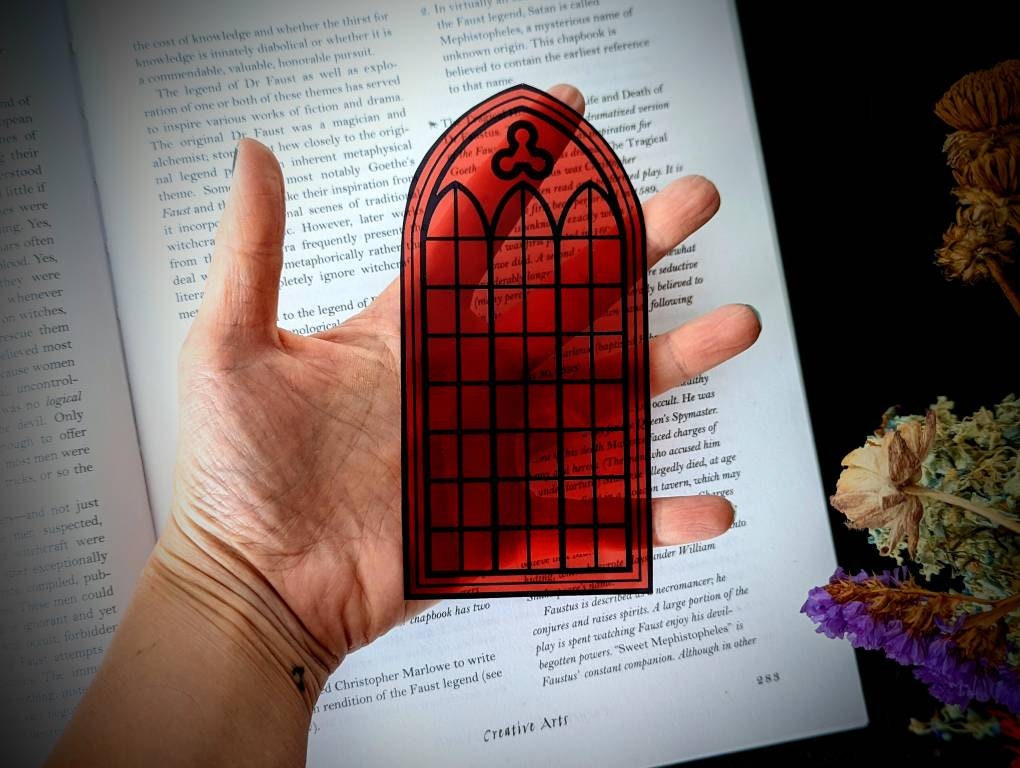 Clear Bookmark Red Cathedral Church Window Goth Gothic Halloween Horror Creepy Oddities