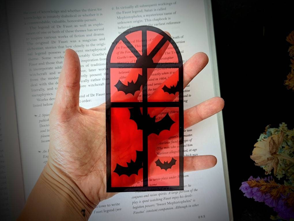 Red Halloween Window Bats Clear Bookmark Goth Gothic Halloween Horror Creepy Oddities