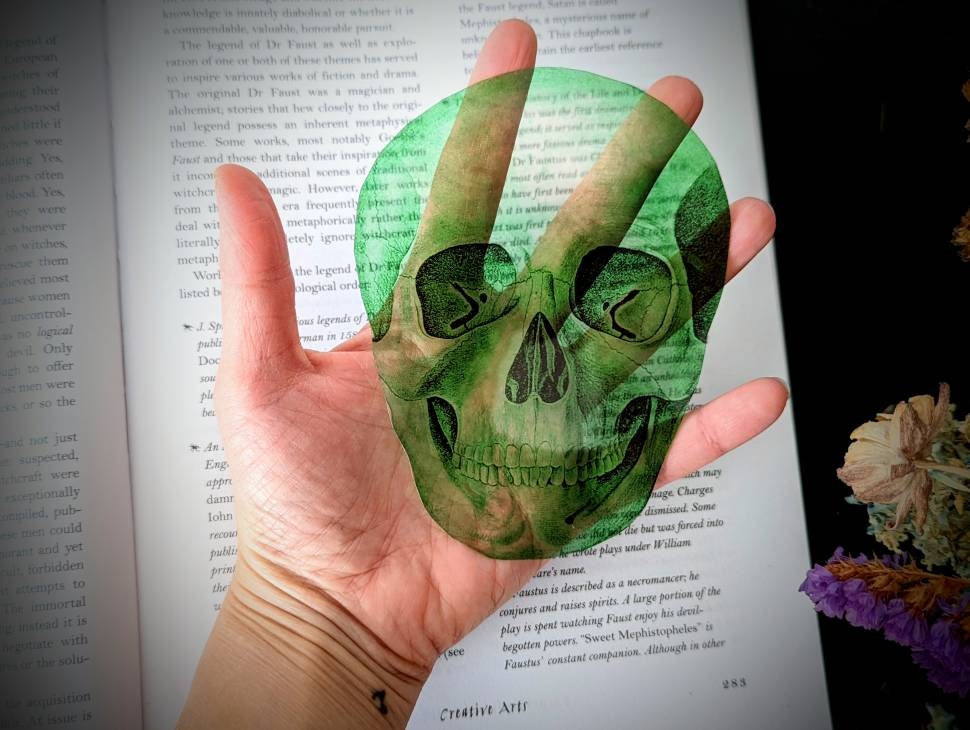 Clear Bookmark Green Skull Skeleton Goth Gothic Halloween Horror Creepy Spooky Anatomy Oddities