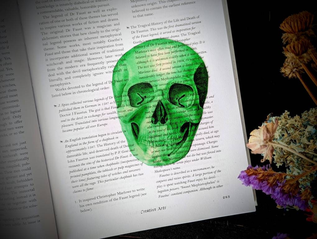 Clear Bookmark Green Skull Skeleton Goth Gothic Halloween Horror Creepy Spooky Anatomy Oddities