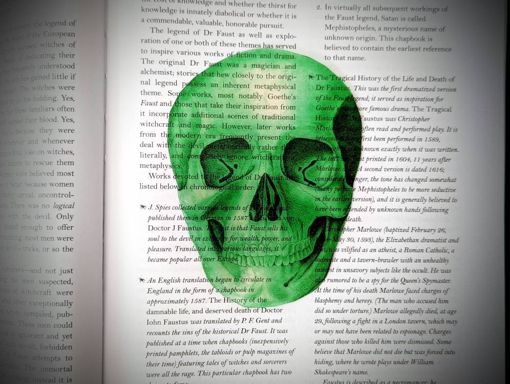 Clear Bookmark Green Skull Skeleton Goth Gothic Halloween Horror Creepy Spooky Anatomy Oddities