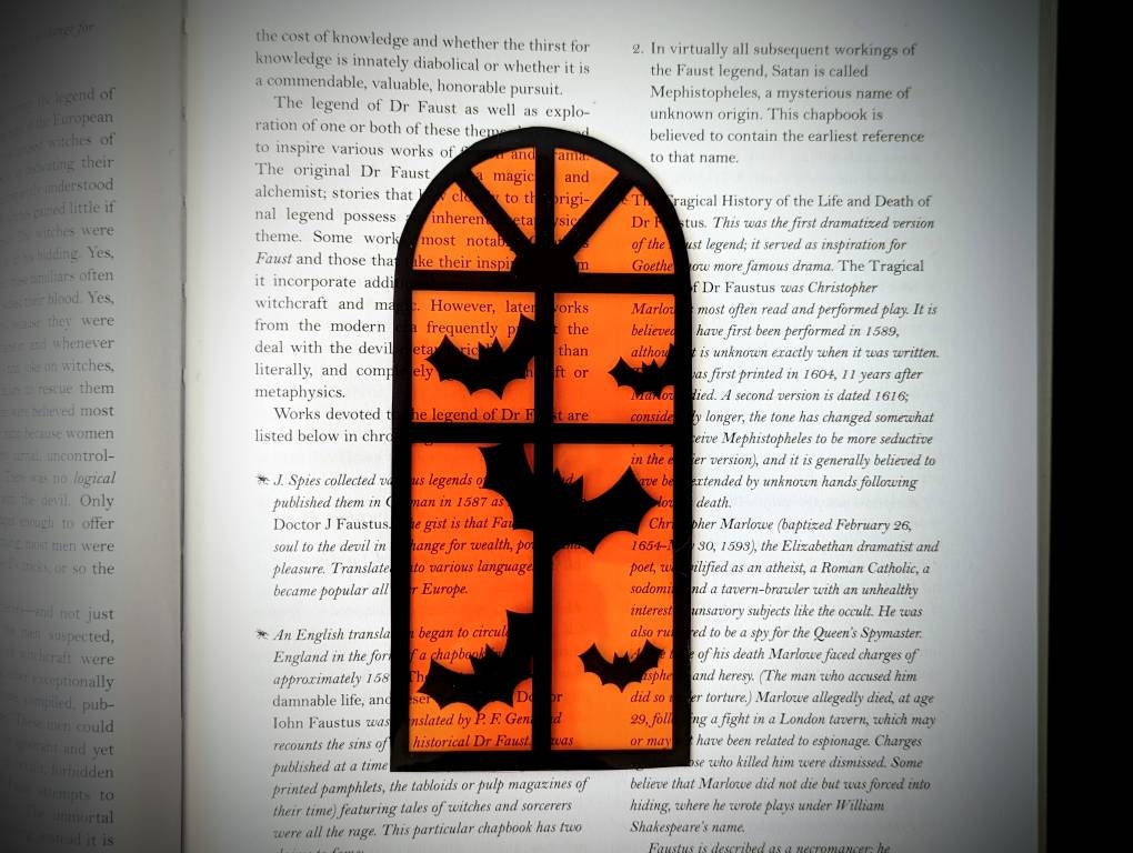 Orange Halloween Window Bats Clear Bookmark Goth Gothic Halloween Horror Creepy Oddities