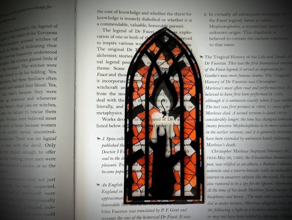 Clear Bookmark Black Flame Candle Stained Glass Goth Gothic Halloween Horror Creepy Oddities Witch Witchcraft Orange