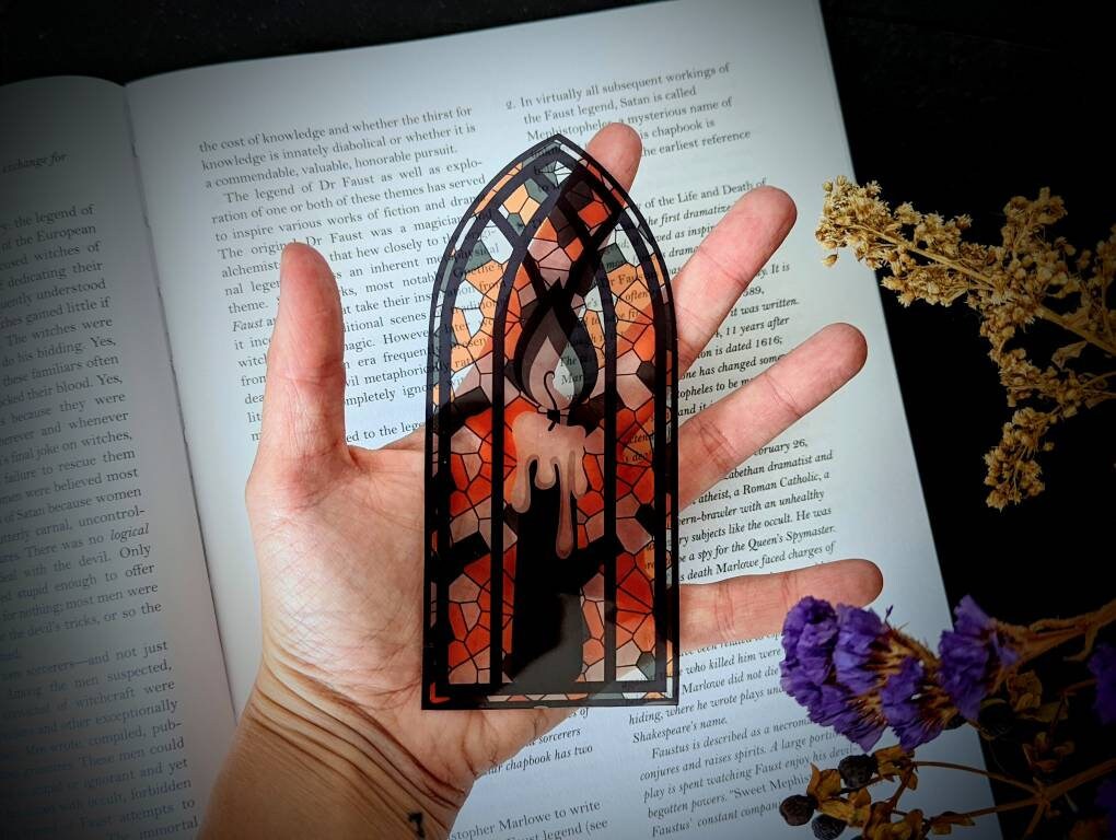 Clear Bookmark Black Flame Candle Stained Glass Goth Gothic Halloween Horror Creepy Oddities Witch Witchcraft Orange