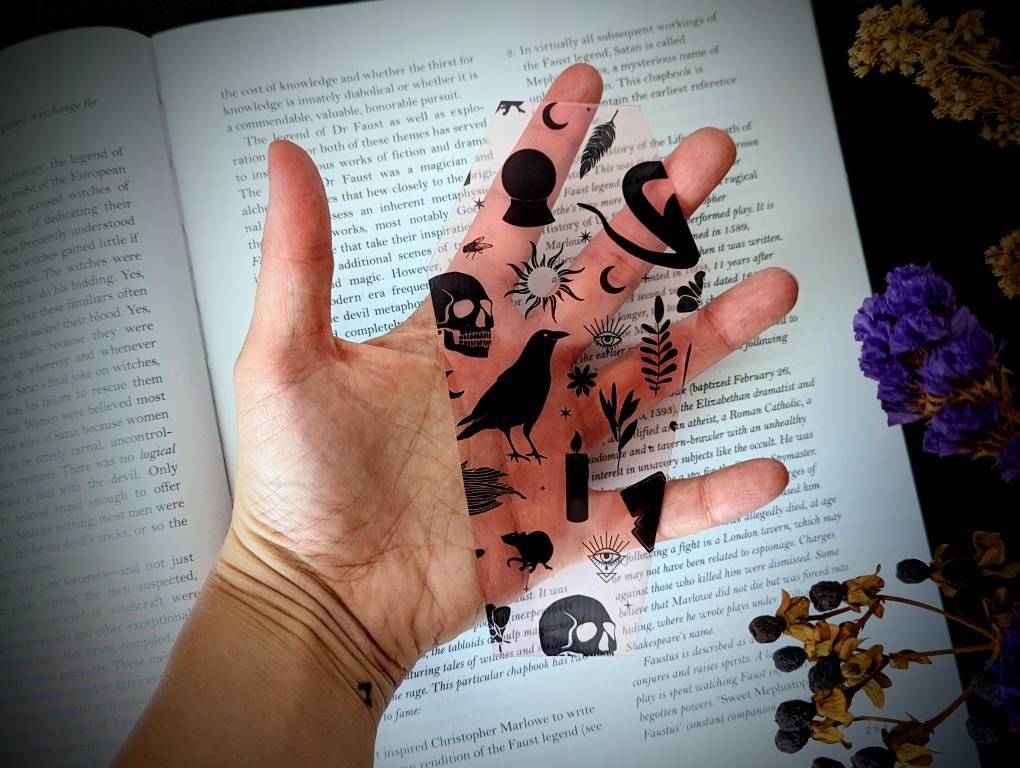 Clear Bookmark Coffin Witch Familiars Witchcraft Symbols Tools Pink Mystical Goth Gothic Halloween Horror Creepy Oddities