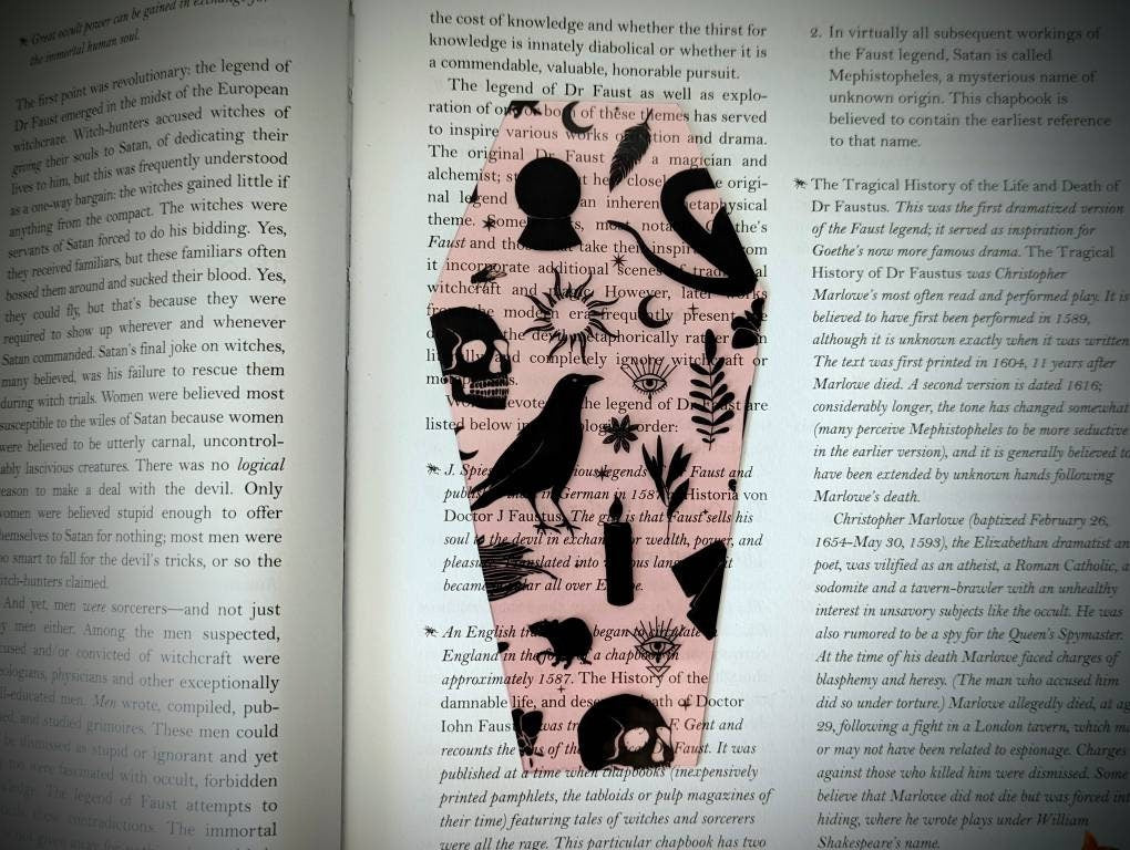 Clear Bookmark Coffin Witch Familiars Witchcraft Symbols Tools Pink Mystical Goth Gothic Halloween Horror Creepy Oddities