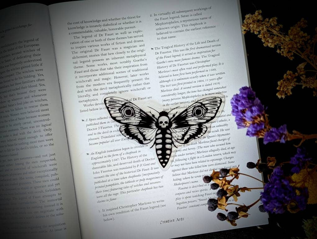 Clear Bookmark Death's Head Hawk Moth Goth Gothic Halloween Horror Creepy Oddities Nature Bug Insect