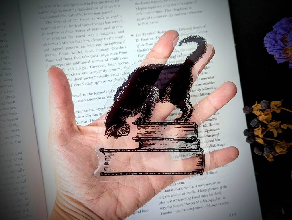 Clear Bookmark Black Cat Feline Books Stack Pile Vintage Goth Gothic Halloween Horror Creepy Oddities