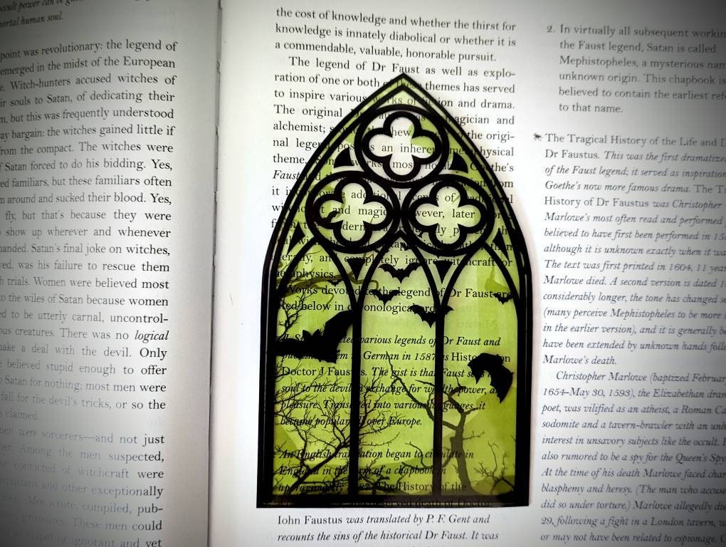 Clear Bookmark Cathedral Church Window Night Scene Bats Flying Forest Woods Green Yellow Eerie Goth Gothic Halloween Horror Creepy Oddities