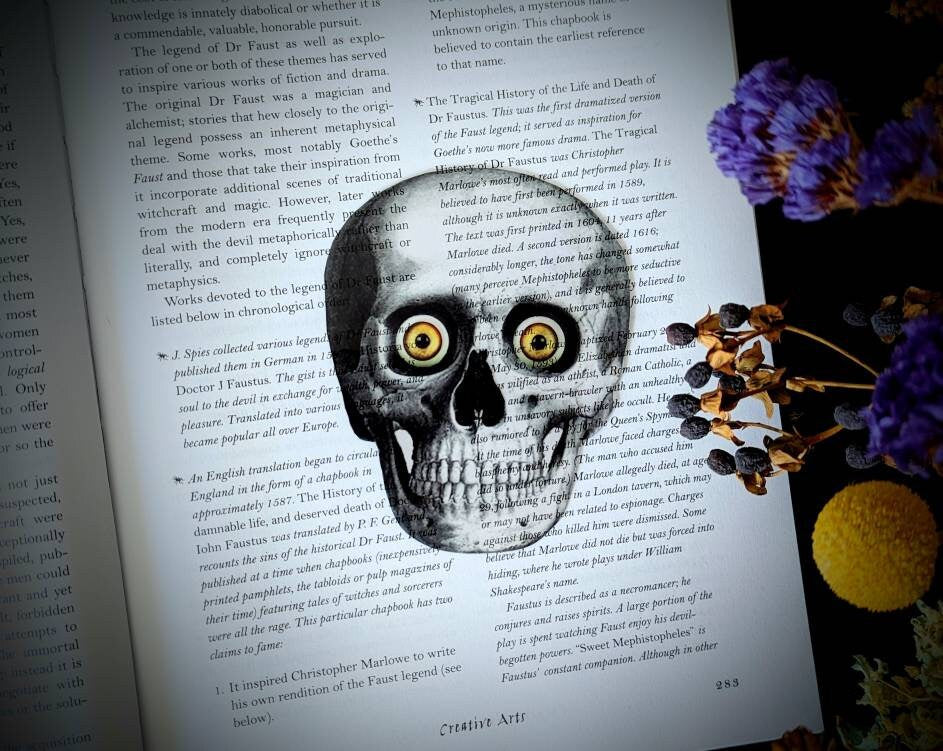 Clear Bookmark Human Skull Yellow Eyes Skeleton Goth Gothic Halloween Horror Creepy Spooky Anatomy Oddities