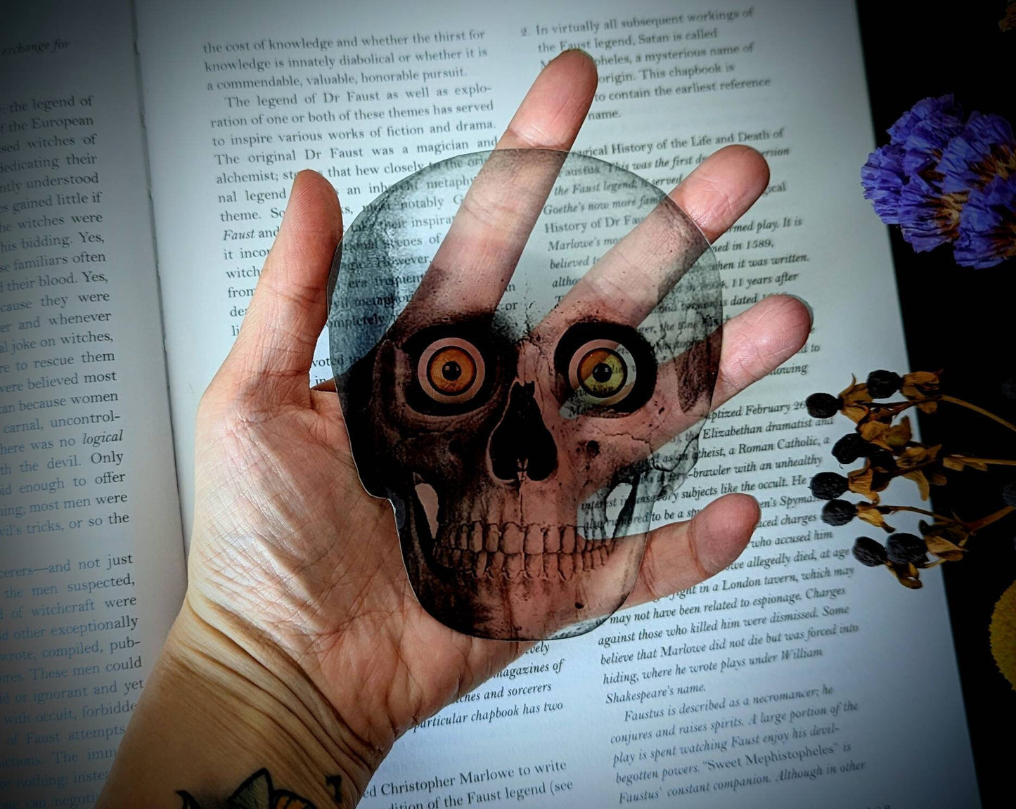 Clear Bookmark Human Skull Yellow Eyes Skeleton Goth Gothic Halloween Horror Creepy Spooky Anatomy Oddities