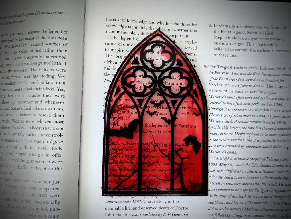 Clear Bookmark Cathedral Church Window Night Scene Bats Flying Forest Woods Red Eerie Goth Gothic Halloween Horror Creepy Oddities