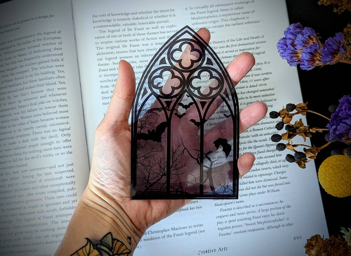 Clear Bookmark Cathedral Church Window Night Scene Bats Flying Forest Woods Purple Eerie Goth Gothic Halloween Horror Creepy Oddities