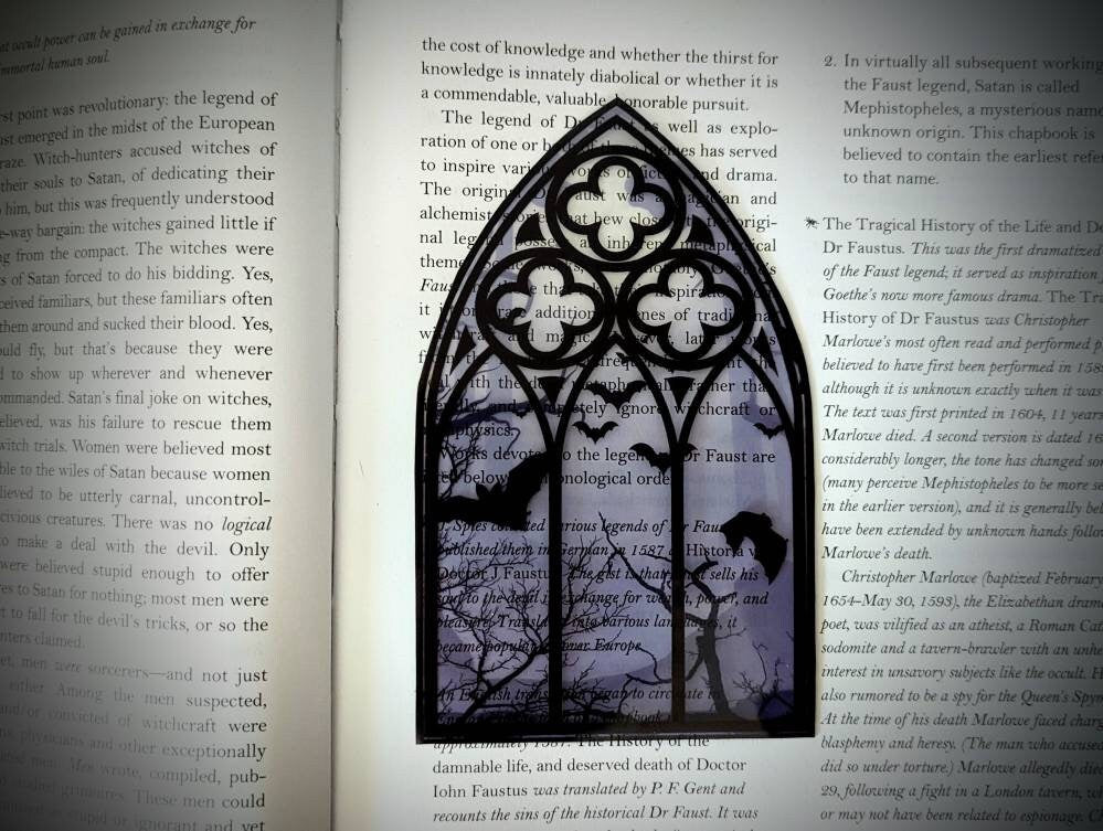 Clear Bookmark Cathedral Church Window Night Scene Bats Flying Forest Woods Purple Eerie Goth Gothic Halloween Horror Creepy Oddities