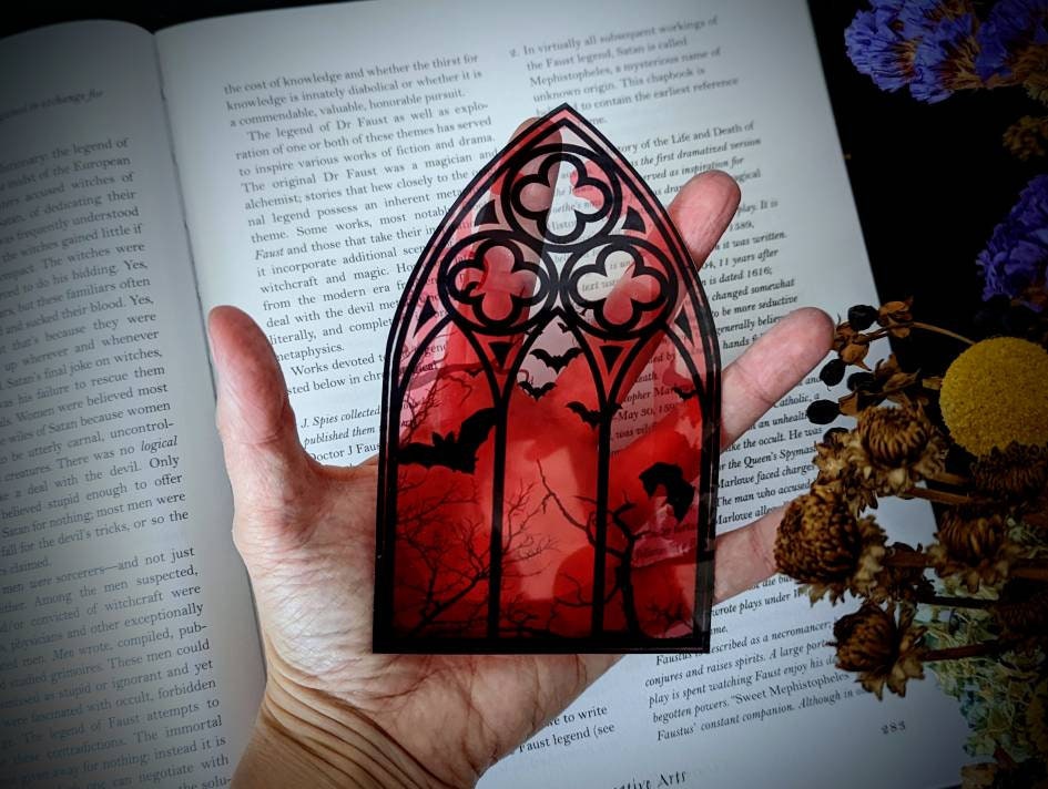Clear Bookmark Cathedral Church Window Night Scene Bats Flying Forest Woods Red Eerie Goth Gothic Halloween Horror Creepy Oddities