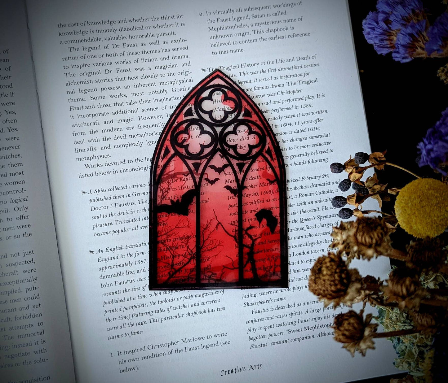Clear Bookmark Cathedral Church Window Night Scene Bats Flying Forest Woods Red Eerie Goth Gothic Halloween Horror Creepy Oddities