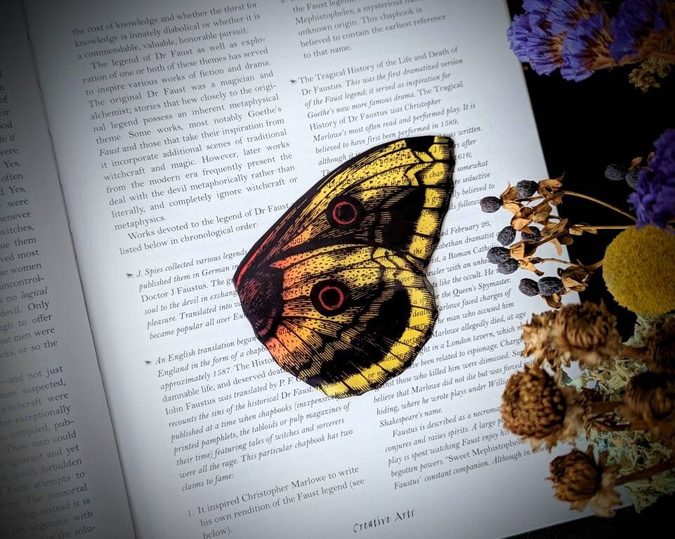 Clear Bookmark Vintage Butterfly Moth Wing Insect Bug Yellow Orange Nature Goth Gothic Creepy Oddities
