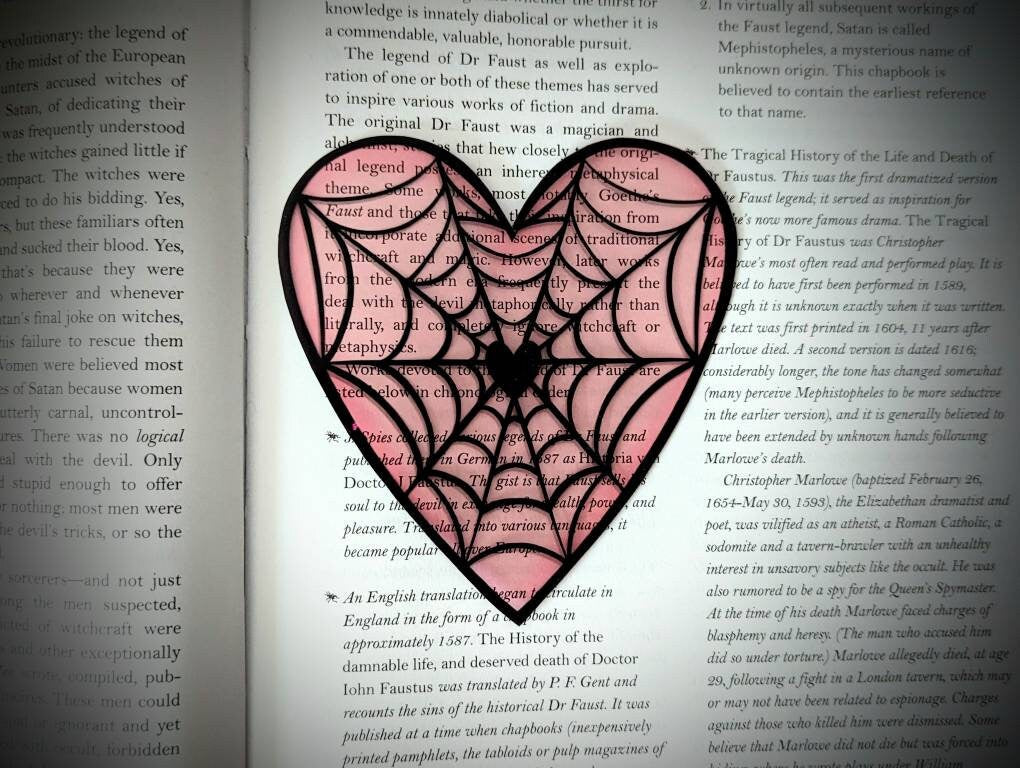 Clear Bookmark Valentine's Day Valloween Spiderweb Cobweb Heart Pastel Pale Pink Goth Gothic Horror Creepy Oddities
