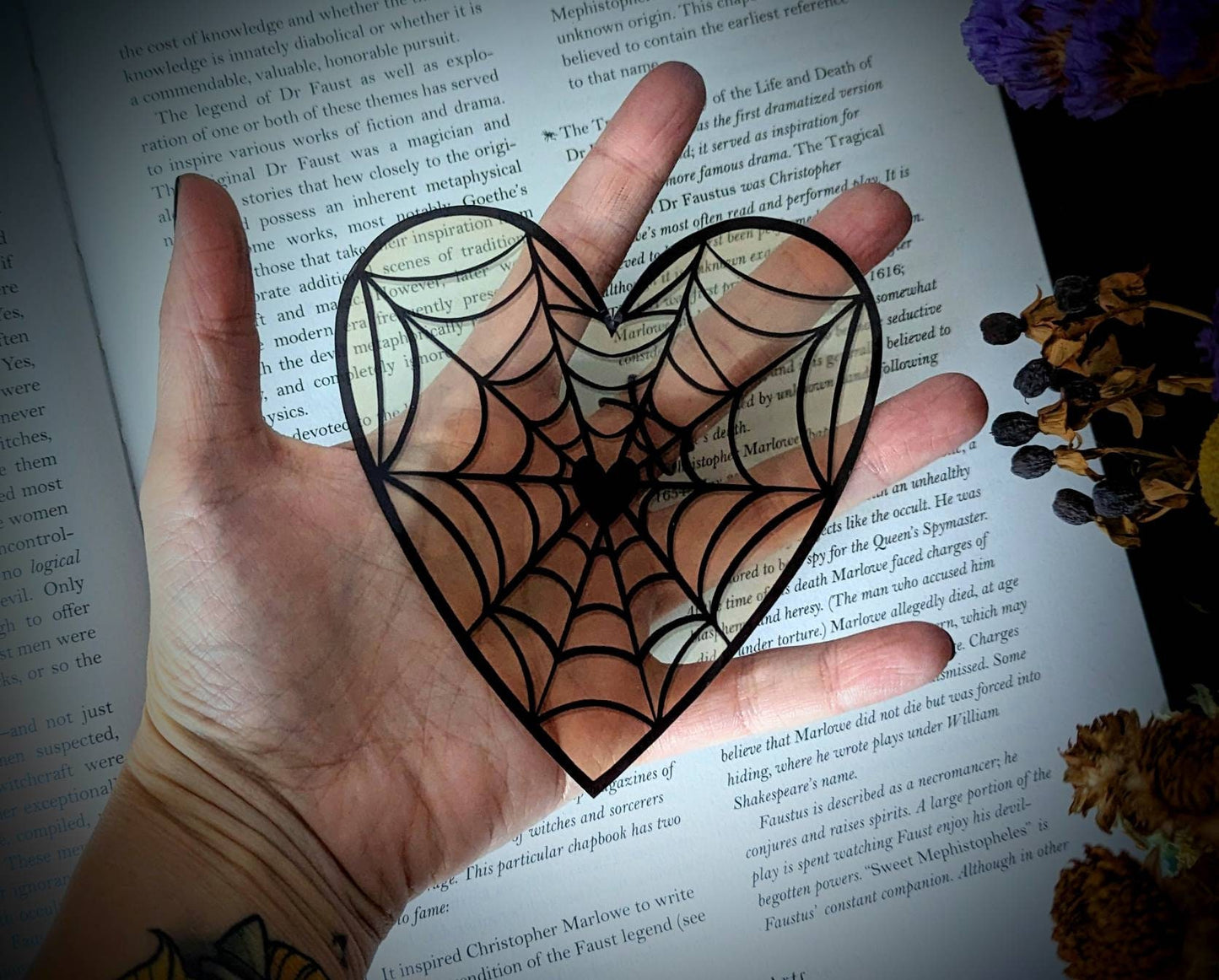 Clear Bookmark Valentine's Day Valloween Spiderweb Cobweb Heart Pastel Pale Yellow Goth Gothic Horror Creepy Oddities