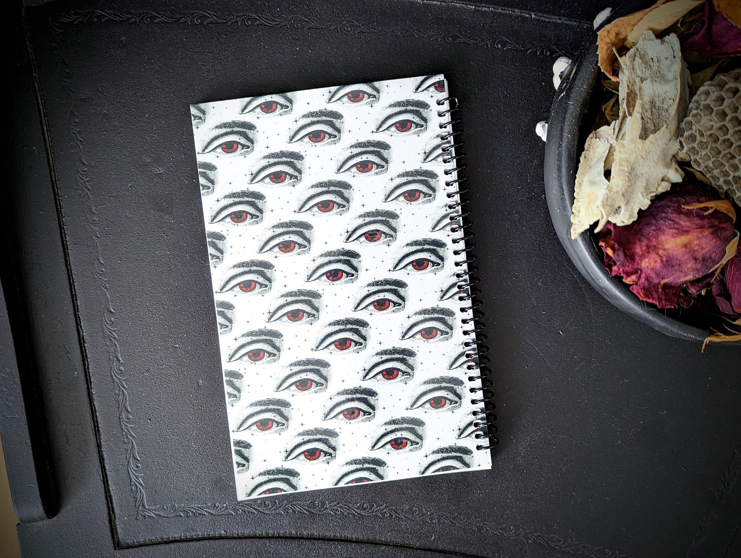 Spiral Notebook Journal Lined Pages Creepy Red Eyes Gothic Goth Horror Halloween Dark Academia Oddities Gift Handmade Artist