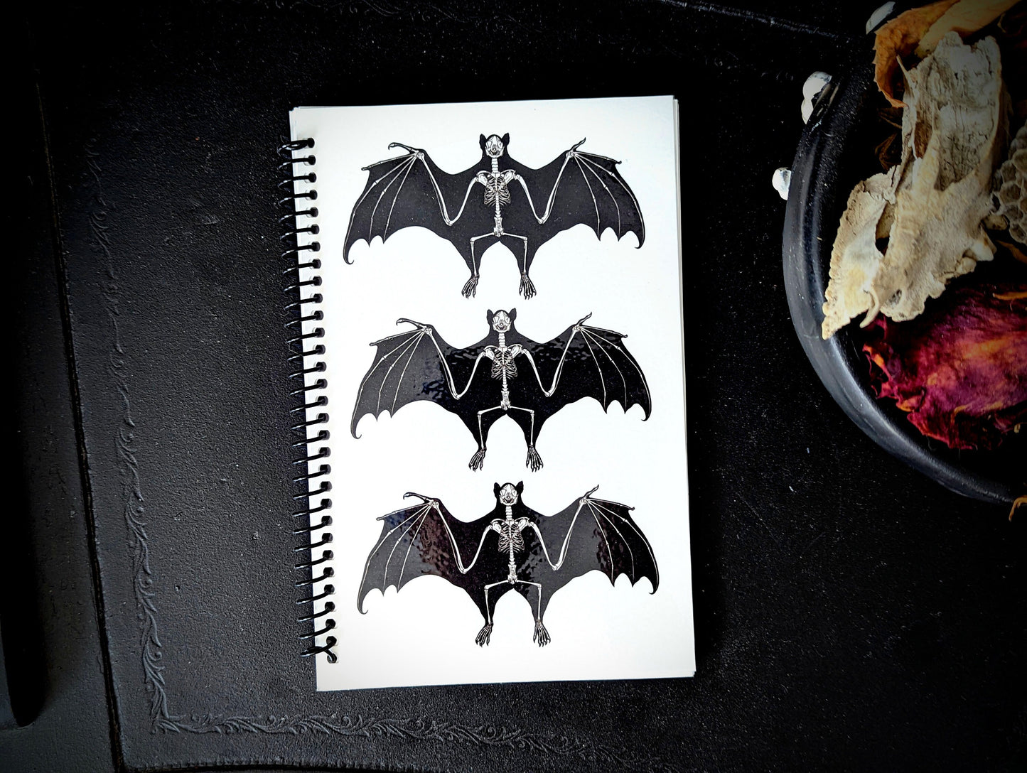 Spiral Notebook Journal Lined Pages Black Bats Skeleton Anatomy Gothic Goth Horror Halloween Dark Academia Oddities Gift Handmade Artist
