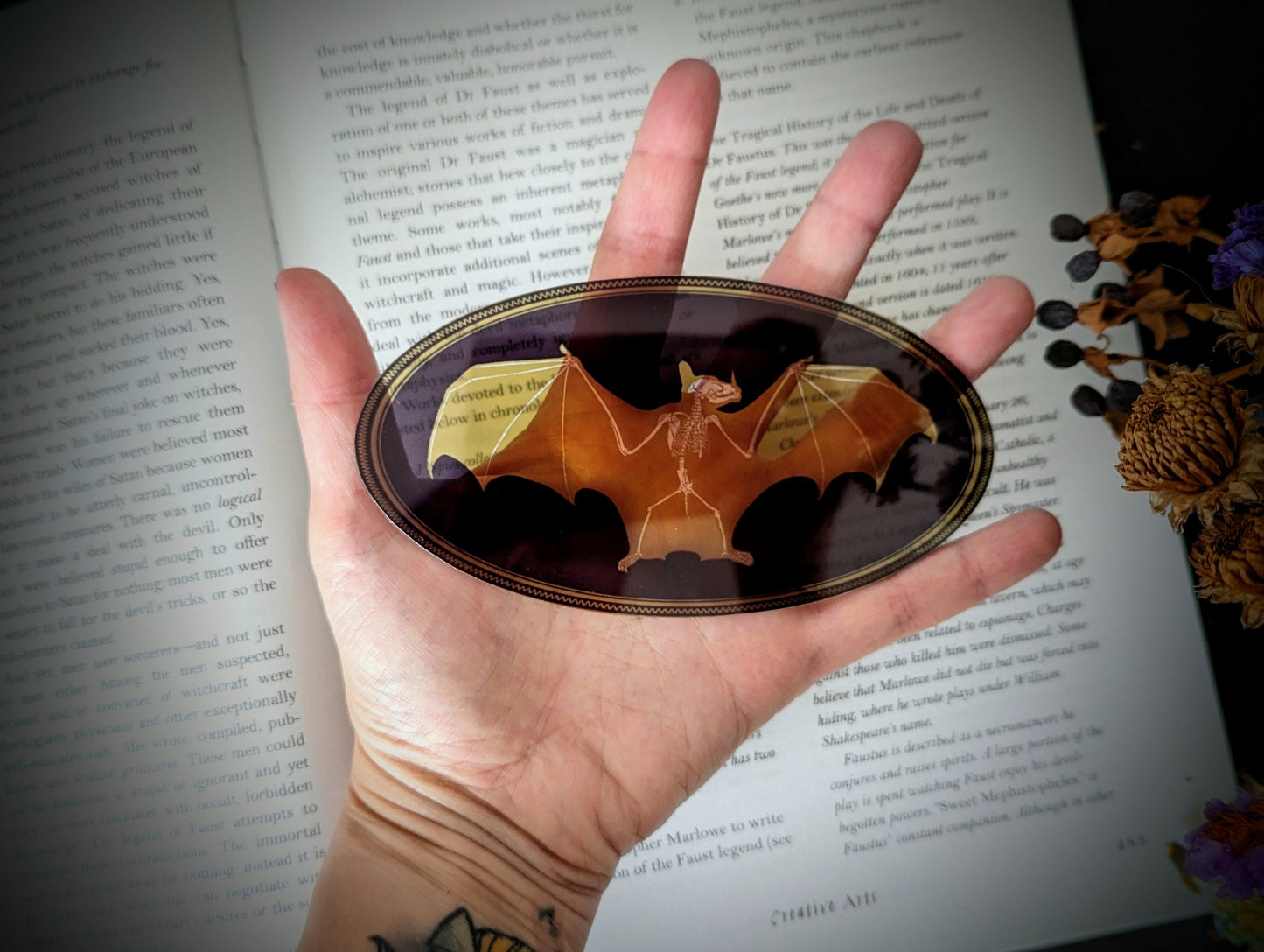 Clear Bookmark Bat Skeleton Gold Frame Victorian Baroque Goth Gothic Halloween Horror Creepy Oddities Unique Dark Weird