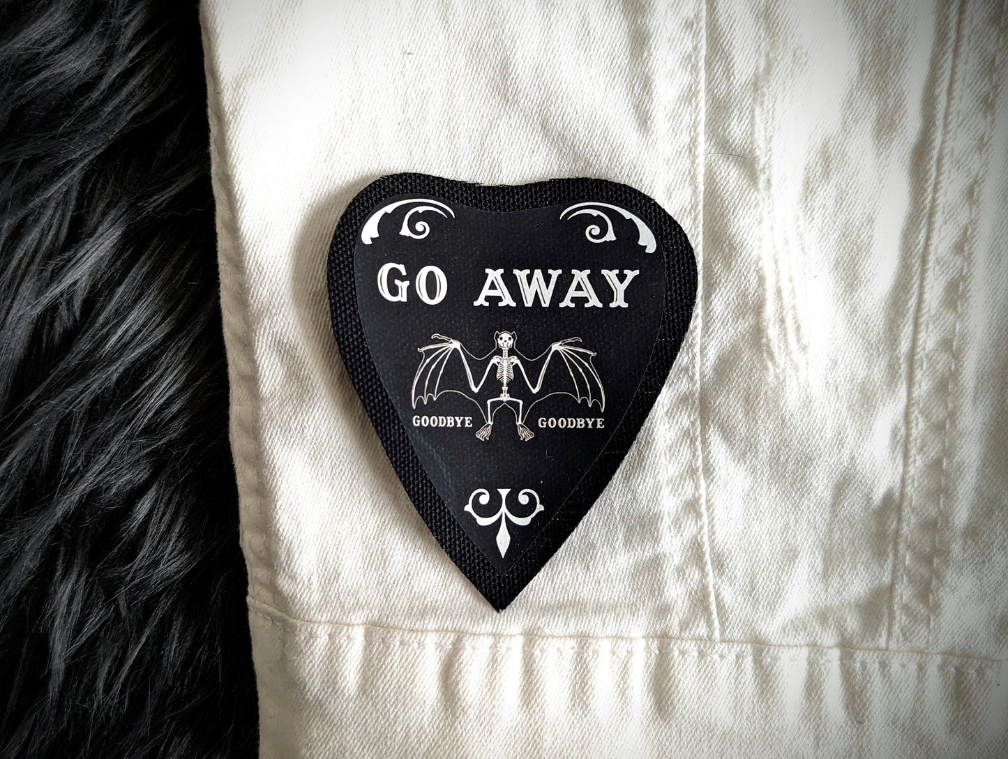 Sew-on Patch Go Away Planchette Bat Bats Goth Gothic Horror Halloween Oddities Dark Academia Handmade Artist