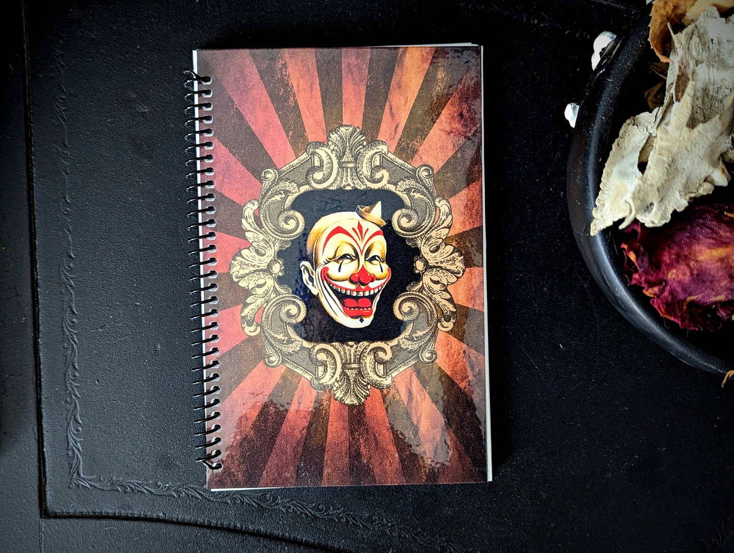 Spiral Notebook Journal Lined Pages Creepy Clown Circus Carnival Gothic Goth Horror Halloween Dark Academia Oddities Gift Handmade Artist