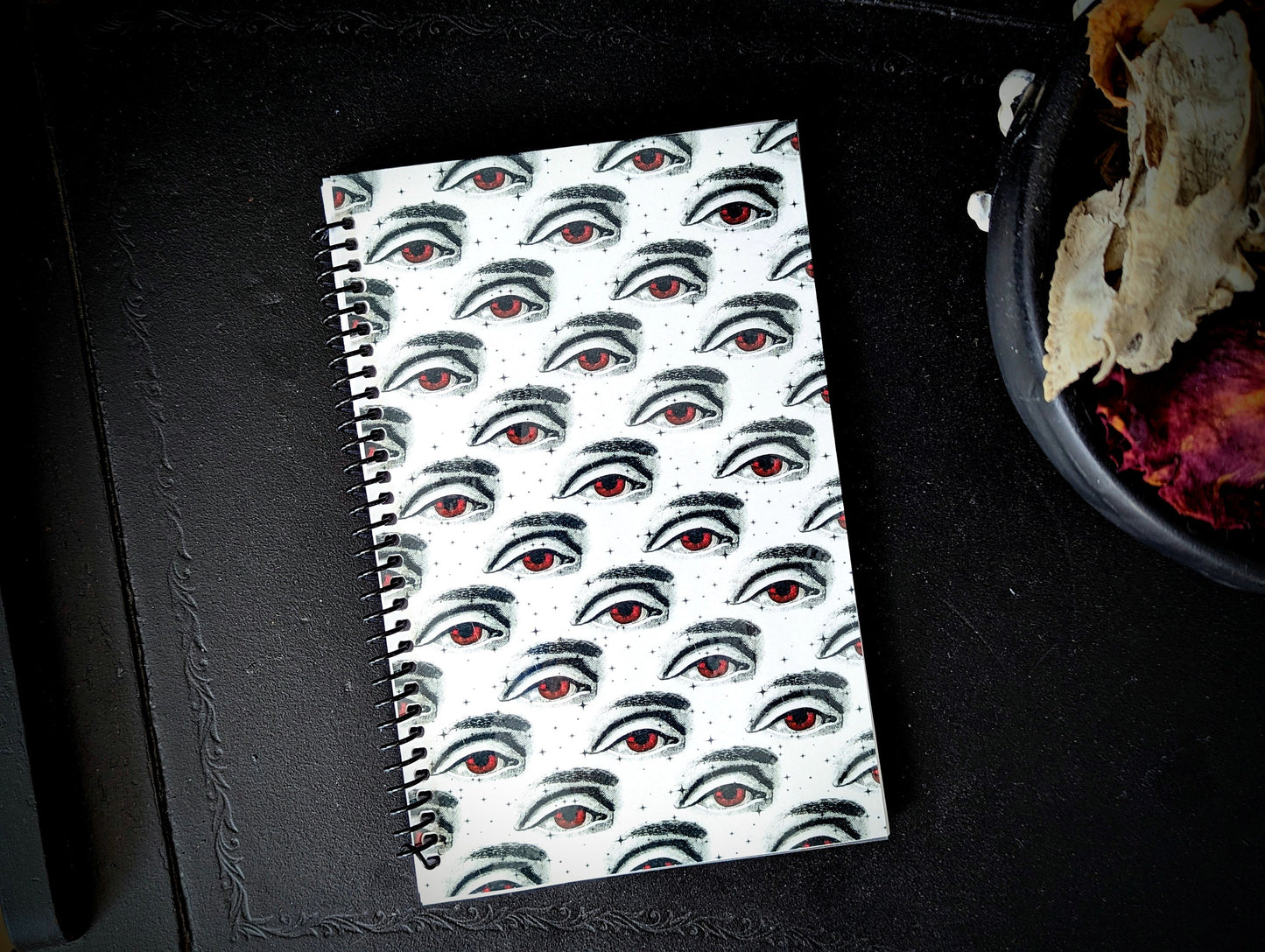 Spiral Notebook Journal Lined Pages Creepy Red Eyes Gothic Goth Horror Halloween Dark Academia Oddities Gift Handmade Artist
