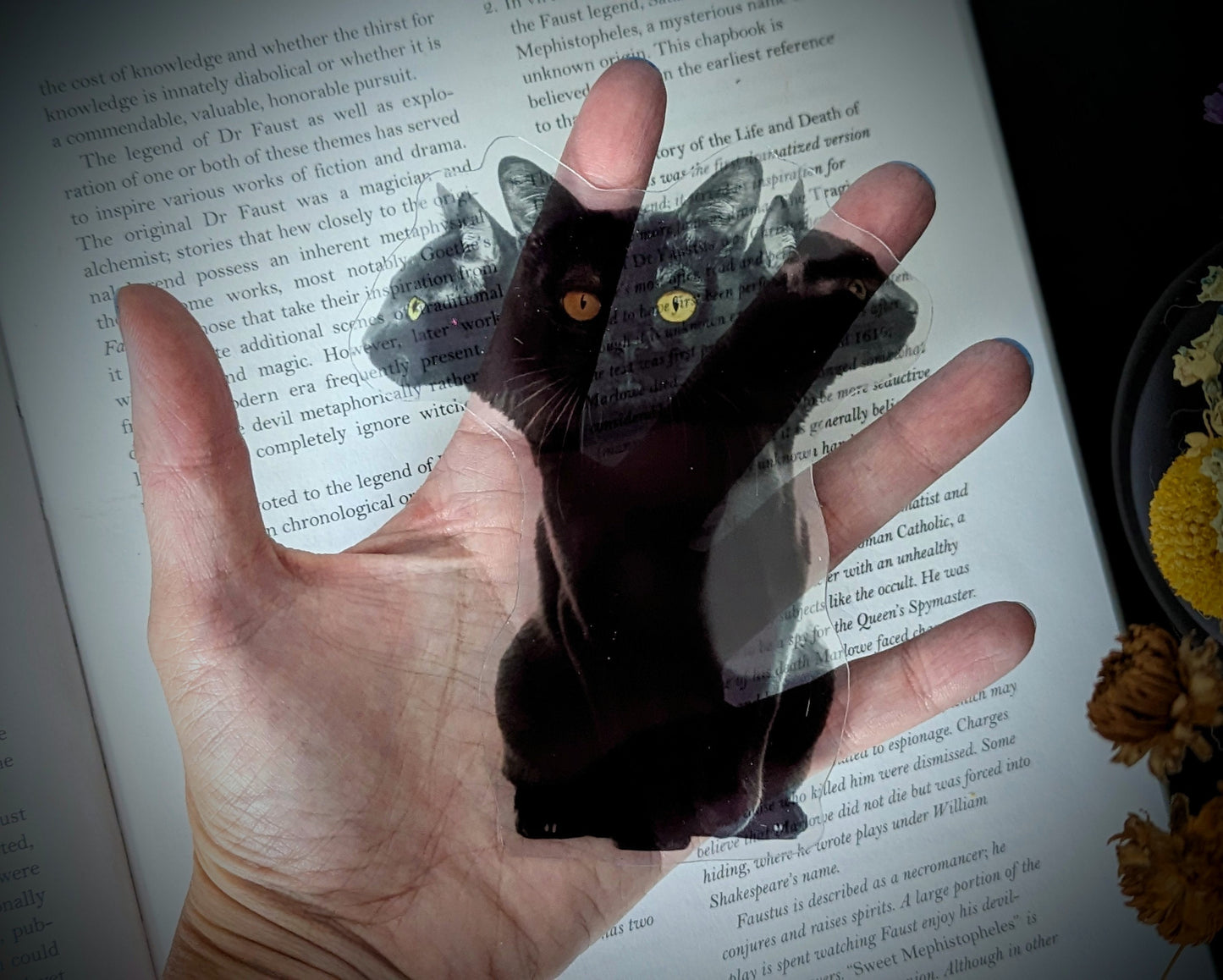 Clear Bookmark Cerberus Black Cat Three Headed Heads Feline Goth Gothic Halloween Horror Handmade Artist Book Lover Reader Gift