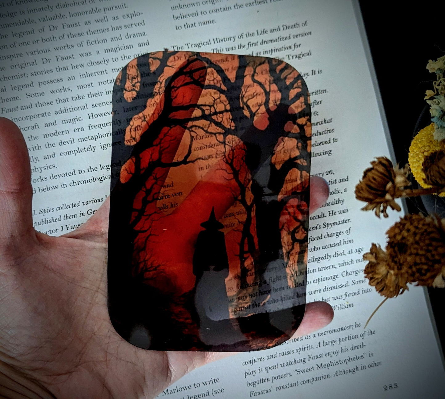 Clear Bookmark Witch Walking In Haunted Woods Forest Night Goth Gothic Halloween Horror Dark Academia Handmade Artist Book Reader Lover Gift