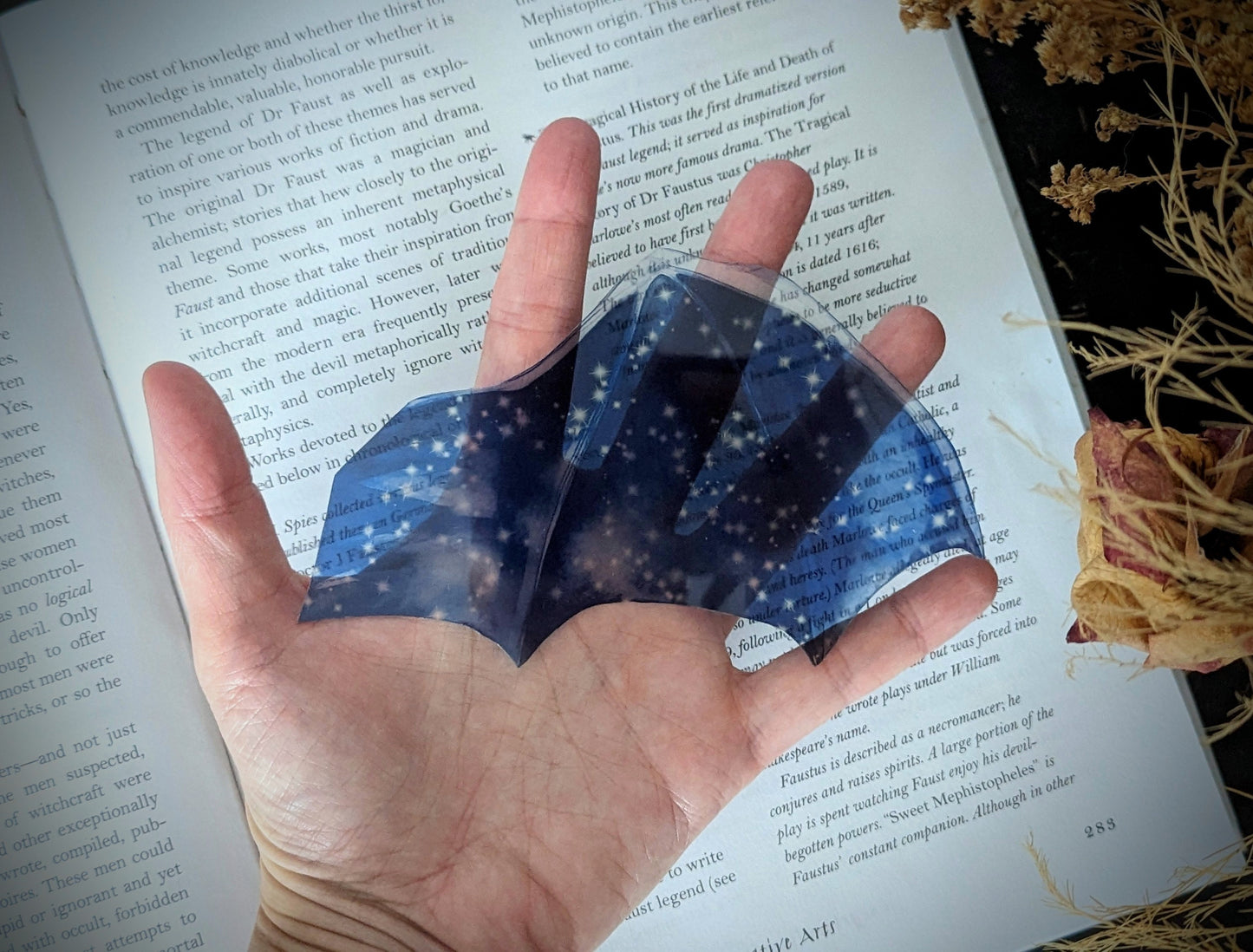 Clear Bookmark Blue Starry Sky Bat Dragon Wing Goth Gothic Fantasy Sci-Fi Book Lover Reader Gift Handmade Artist