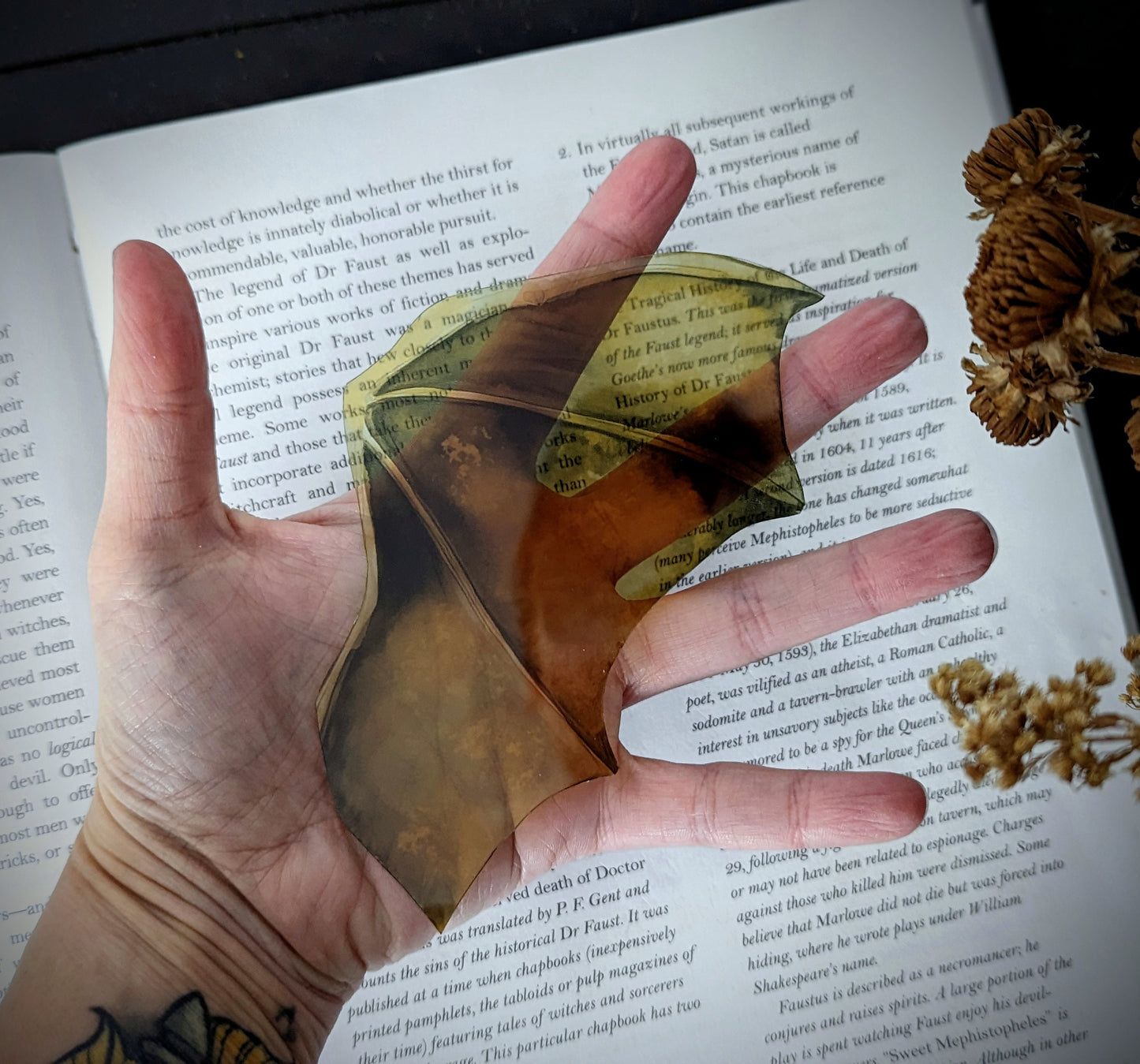 Clear Bookmark Gold Yellow Watercolor Bat Dragon Wing Goth Gothic Fantasy Sci-Fi Book Lover Reader Gift Handmade Artist