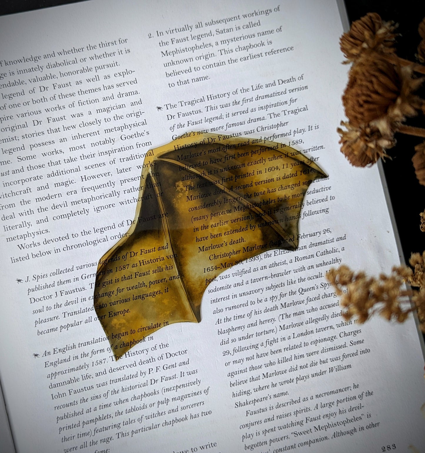 Clear Bookmark Gold Yellow Watercolor Bat Dragon Wing Goth Gothic Fantasy Sci-Fi Book Lover Reader Gift Handmade Artist