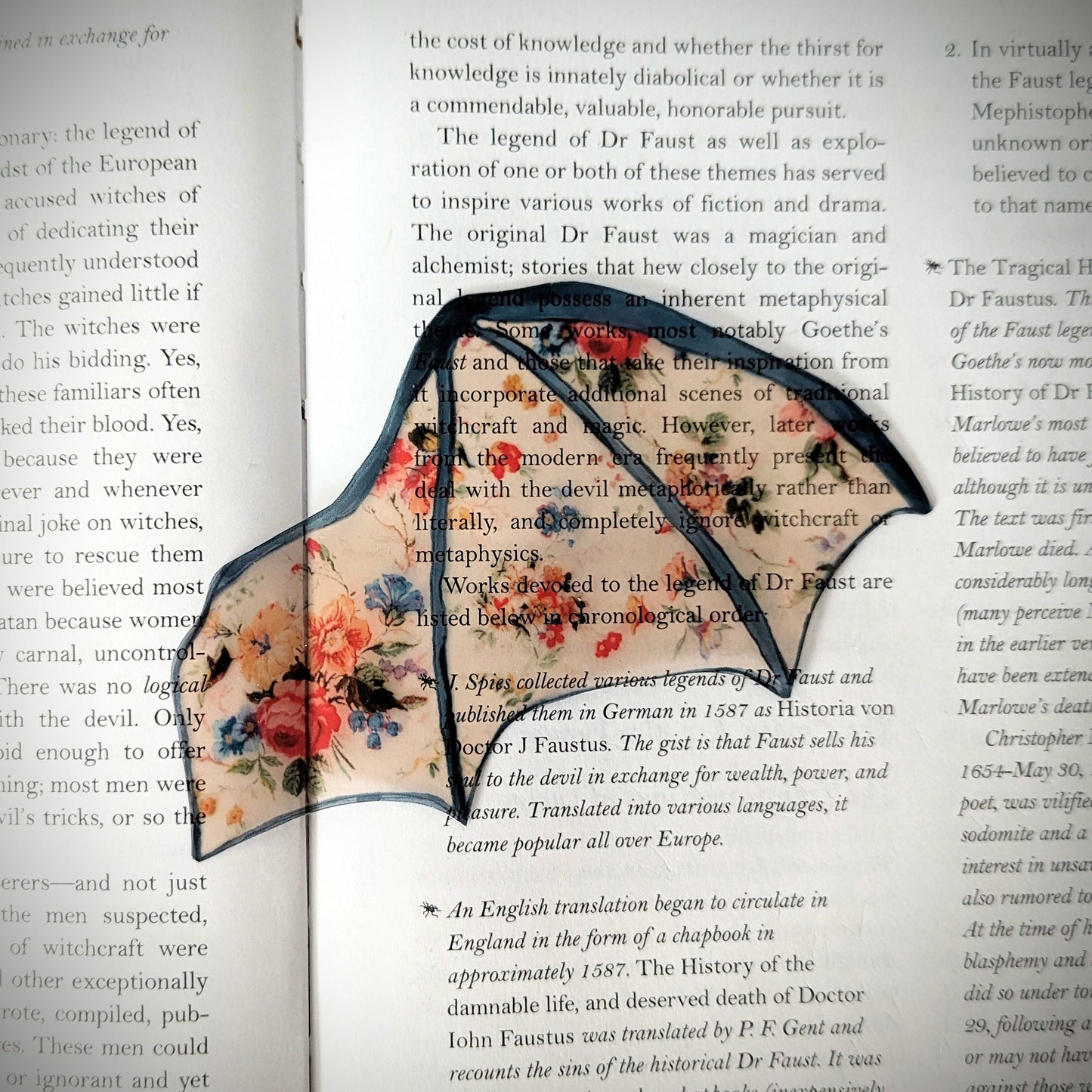 Clear Bookmark Floral Flower Patterned Bat Dragon Wing Goth Gothic Dark Academia Book Lover Reader Gift Handmade Artist